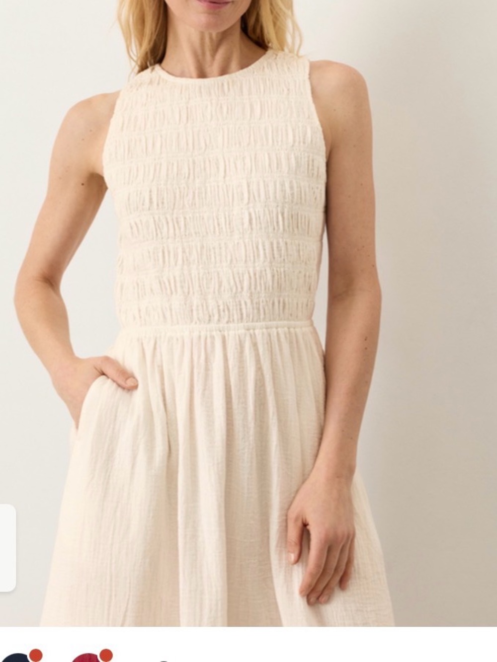 NWOT- PACT ORGANIC COASTAL DOUBLE GAUZE SMOCKED MIDI DRESS- MEDIUM- CREAM - Picture 3 of 16
